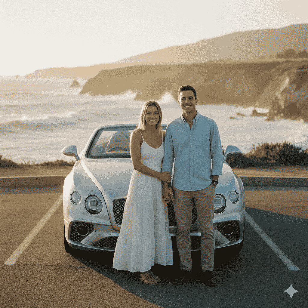 Couple standing in front of a silver Bentley convertible at a scenic coastal viewpoint during sunset.