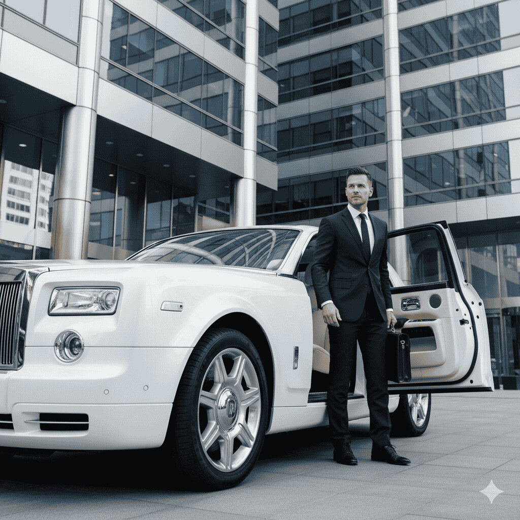 Business executive stepping out of a white Rolls-Royce in front of a modern corporate building.