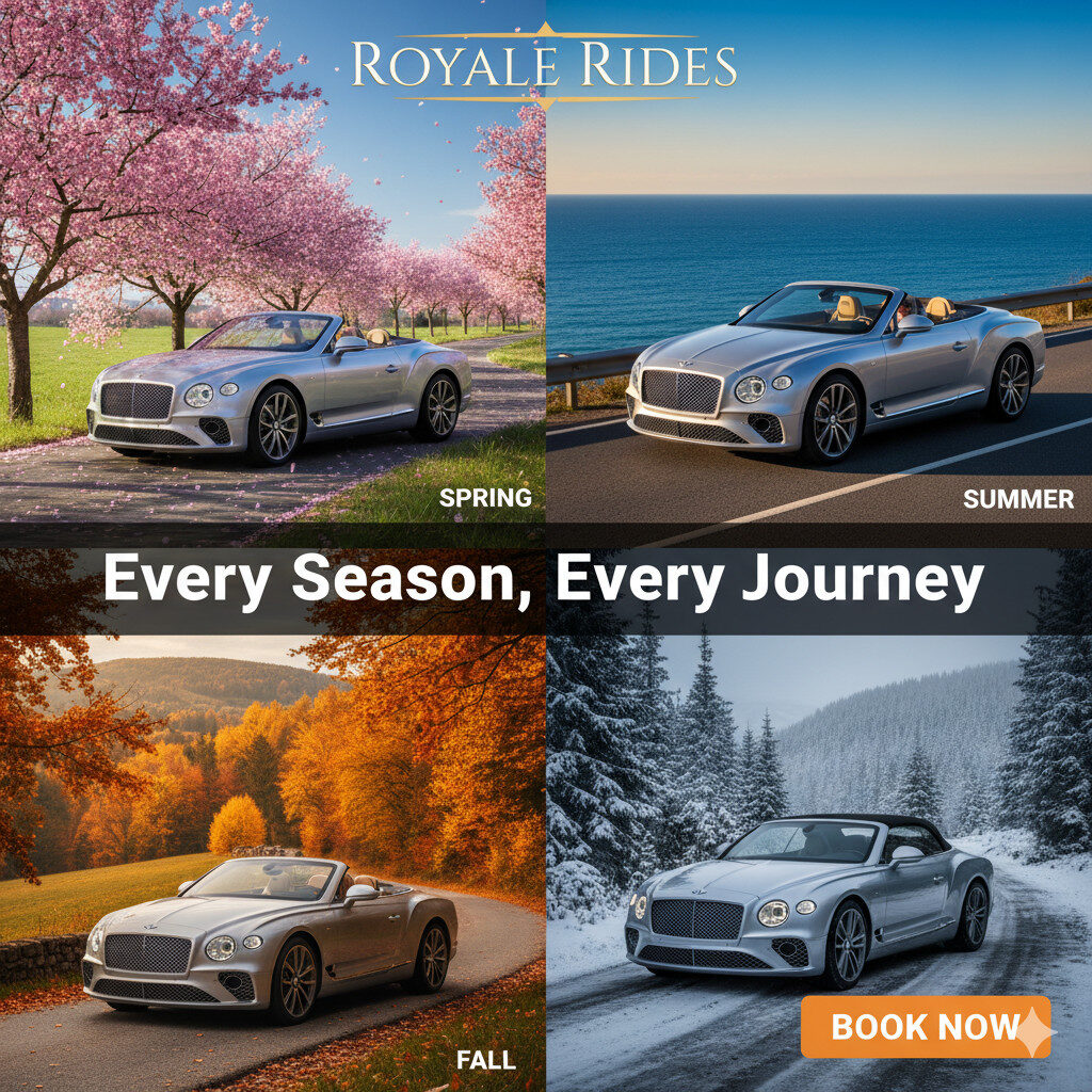 A luxury silver Bentley convertible shown across four seasons—spring, summer, fall, and winter—in a diagonal montage with "ROYALE RIDES" logo and "Every Season, Every Journey" text.