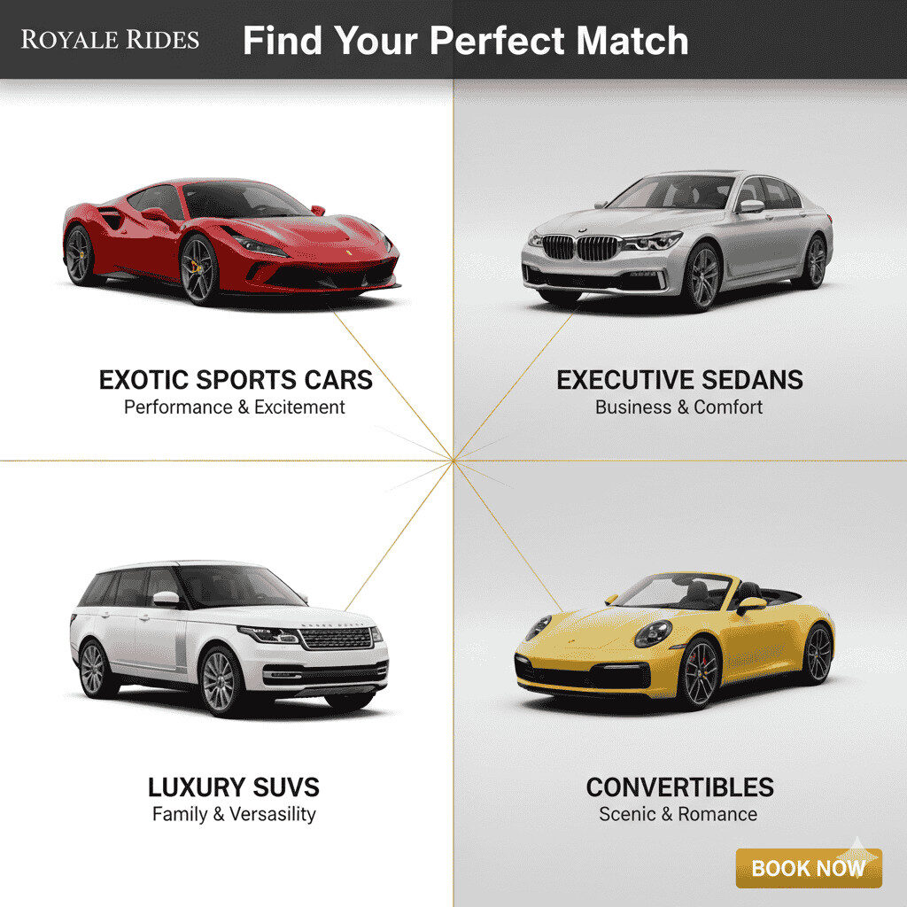 Infographic showing a 2x2 grid of luxury cars: Red Ferrari (Exotic Sports Cars), Silver BMW (Executive Sedans), White Range Rover (Luxury SUVs), and Yellow Porsche (Convertibles). Features "ROYALE RIDES," "Find Your Perfect Match," and "BOOK NOW."