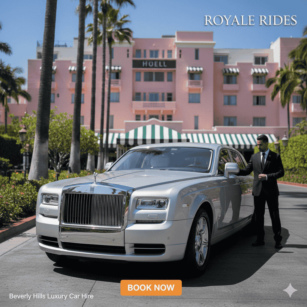 Silver Rolls-Royce Phantom at Beverly Hills Hotel with valet, "ROYALE RIDES" text, and "BOOK NOW" button.