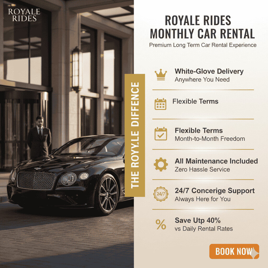 Royale Rides Monthly Car Rental premium service benefits showcase featuring a black Bentley Continental GT, valet, and key service features.