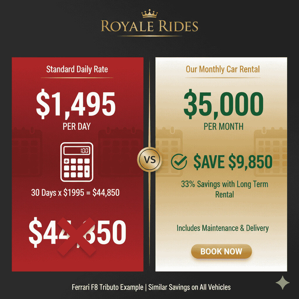 Luxury car rental pricing comparison showing $1,495 daily rate versus $5,000 monthly rate with $9,850 savings from Royale Rides.
