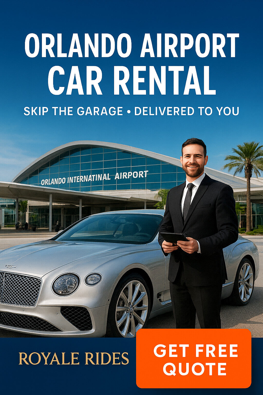 Royale Rides concierge standing beside a luxury silver Bentley at Orlando International Airport promoting premium Orlando airport car rental service.