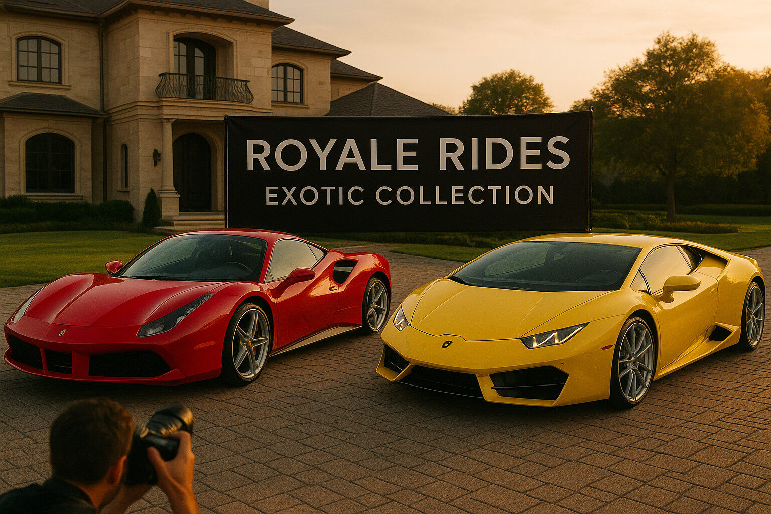 Royale Rides exotic car rental collection featuring Ferrari and Lamborghini supercars