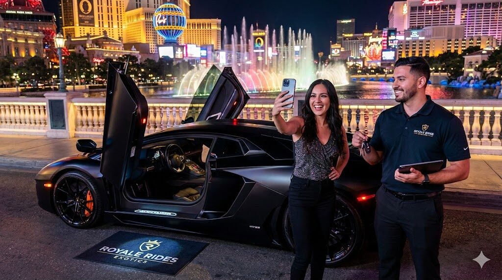 Royale Rides Lamborghini Aventador exotic car rental experience on Las Vegas Strip
