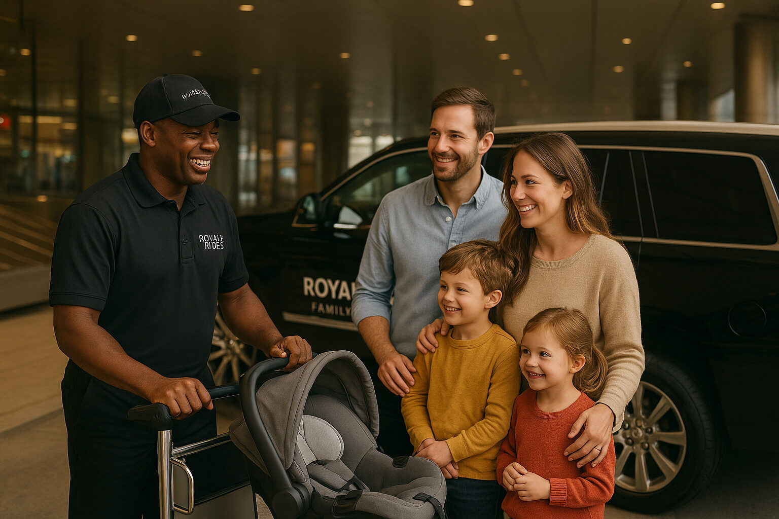 Royale Rides family-friendly airport transfer with professional chauffeur assistance