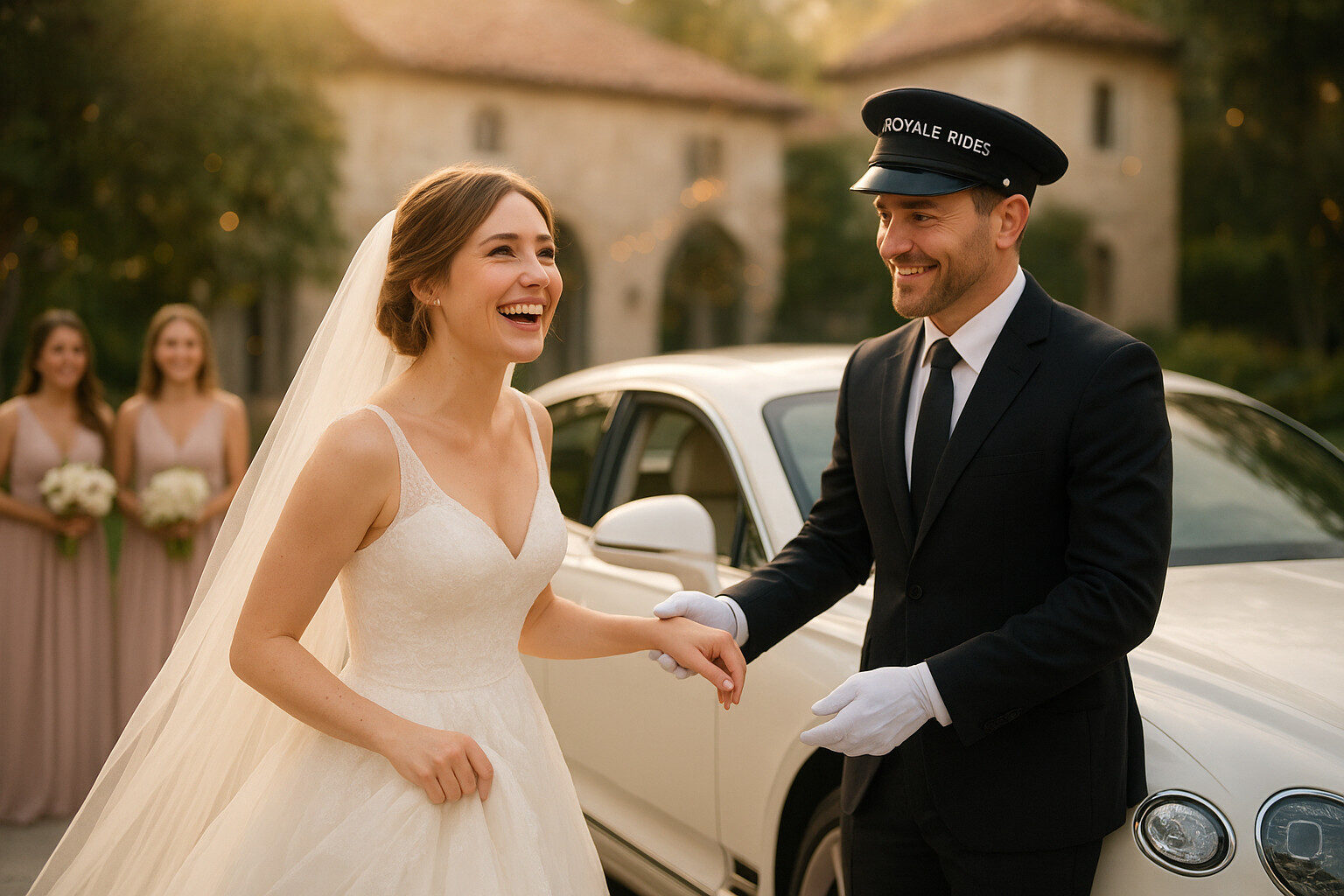 Royale Rides professional wedding chauffeur assisting bride into luxury Bentley