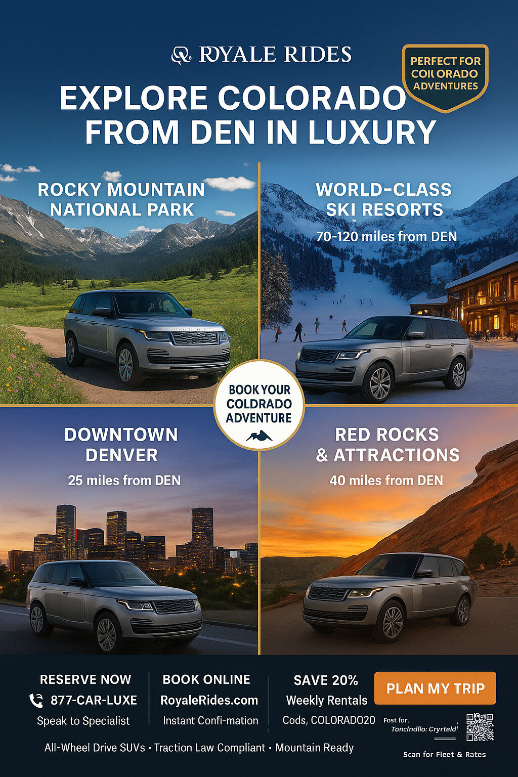 Luxury Range Rover SUV showcased in a four-panel Colorado travel montage featuring Rocky Mountain National Park, world-class ski resorts, downtown Denver, and Red Rocks Amphitheatre, promoting Royale Rides luxury vehicle delivery from Denver International Airport.