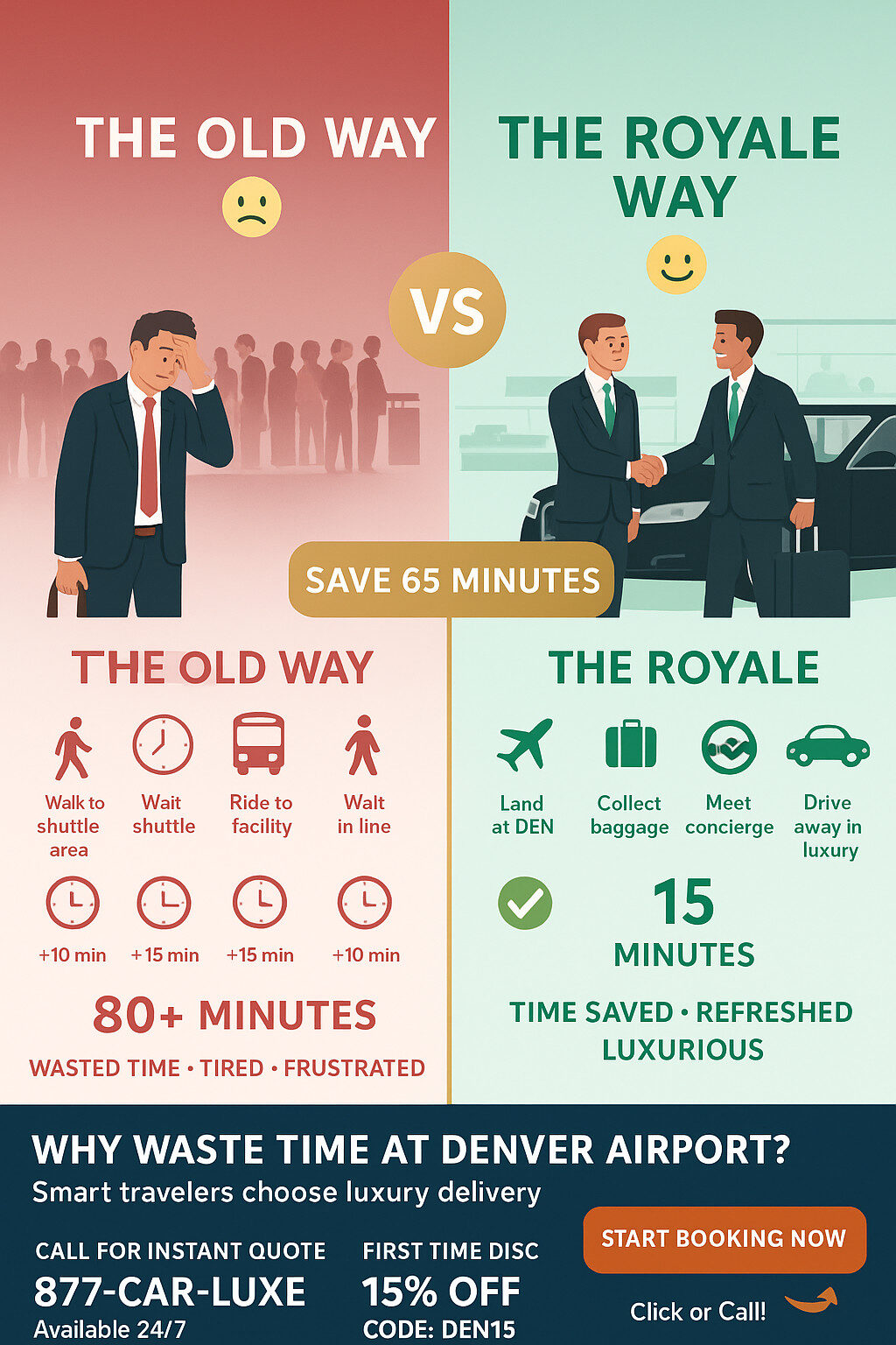 Side-by-side infographic comparing traditional car rental stress at Denver Airport versus Royale Rides luxury car delivery, showing 80+ minutes wasted on the left and only 15 minutes to drive away on the right, with booking and discount call-to-action.