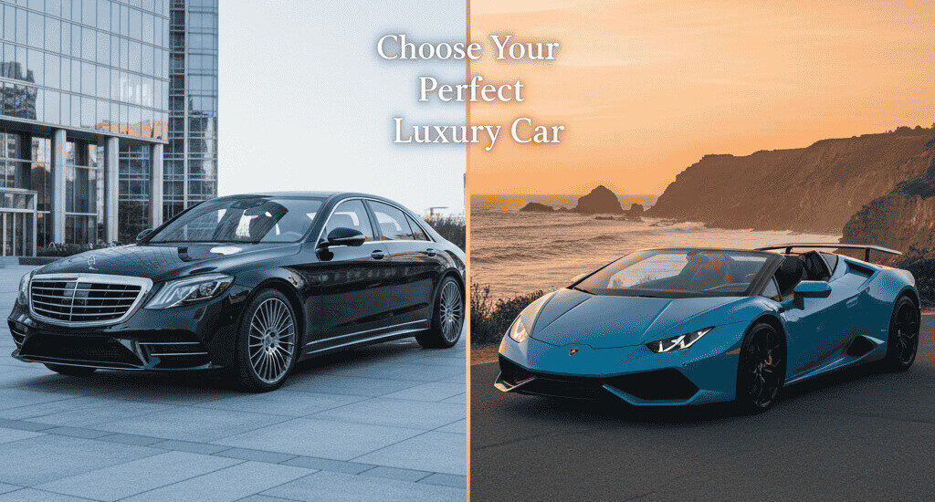 Split banner: Black Mercedes by modern building (left) and blue Lamborghini by ocean at sunset (right). Text: "ROYALE RIDES," "Choose Your Perfect Luxury Car," "BOOK NOW."