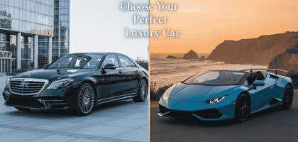 Split banner: Black Mercedes by modern building (left) and blue Lamborghini by ocean at sunset (right). Text: 