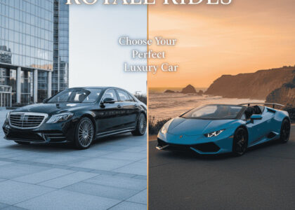 Split banner: Black Mercedes by modern building (left) and blue Lamborghini by ocean at sunset (right). Text: "ROYALE RIDES," "Choose Your Perfect Luxury Car," "BOOK NOW."