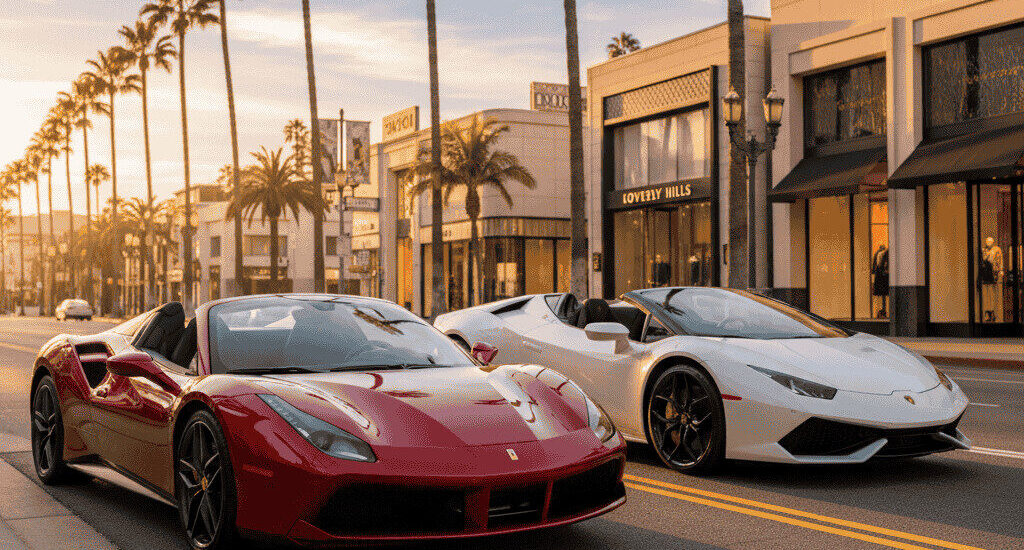 A metallic red Ferrari 488 Spider convertible and a pearl white Lamborghini Huracán Spyder are parked side-by-side on Rodeo Drive in Beverly Hills during golden hour. Palm trees and luxury boutiques are visible in the background, with the Beverly Hills sign subtly present. The "ROYALE RIDES" logo is in the top left, and a "BOOK NOW" button is in the bottom right corner, with "Luxury Car Hire Los Angeles | Premium Fleet" text below the image.
