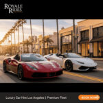 A metallic red Ferrari 488 Spider convertible and a pearl white Lamborghini Huracán Spyder are parked side-by-side on Rodeo Drive in Beverly Hills during golden hour. Palm trees and luxury boutiques are visible in the background, with the Beverly Hills sign subtly present. The "ROYALE RIDES" logo is in the top left, and a "BOOK NOW" button is in the bottom right corner, with "Luxury Car Hire Los Angeles | Premium Fleet" text below the image.