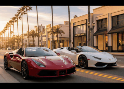 A metallic red Ferrari 488 Spider convertible and a pearl white Lamborghini Huracán Spyder are parked side-by-side on Rodeo Drive in Beverly Hills during golden hour. Palm trees and luxury boutiques are visible in the background, with the Beverly Hills sign subtly present. The "ROYALE RIDES" logo is in the top left, and a "BOOK NOW" button is in the bottom right corner, with "Luxury Car Hire Los Angeles | Premium Fleet" text below the image.