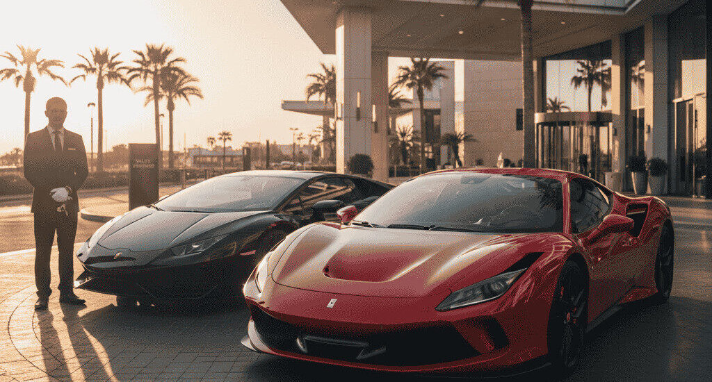 Rent luxury cars — red Ferrari and black Lamborghini parked at a premium hotel valet during sunset.