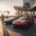 Rent luxury cars — red Ferrari and black Lamborghini parked at a premium hotel valet during sunset.