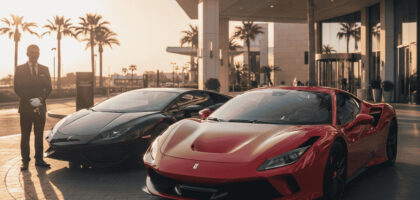Rent luxury cars — red Ferrari and black Lamborghini parked at a premium hotel valet during sunset.