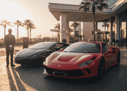 Rent luxury cars — red Ferrari and black Lamborghini parked at a premium hotel valet during sunset.
