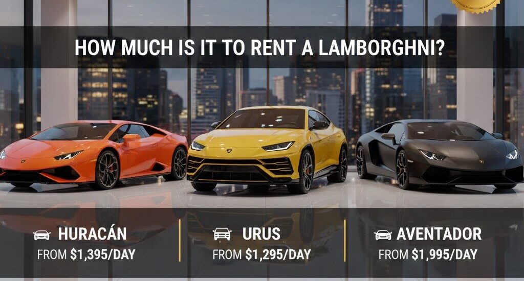 Three luxury Lamborghini cars – an orange Huracán EVO, a yellow Urus, and a matte black Aventador – displayed side-by-side in a modern, spotlight-filled showroom. The image features the "ROYALE RIDES" logo, a headline asking "HOW MUCH IS IT TO RENT A LAMBORGHINI?", rental prices for each model, a "BOOK NOW" button, and a "TRANSPARENT PRICING" badge.