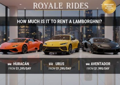 Three luxury Lamborghini cars – an orange Huracán EVO, a yellow Urus, and a matte black Aventador – displayed side-by-side in a modern, spotlight-filled showroom. The image features the "ROYALE RIDES" logo, a headline asking "HOW MUCH IS IT TO RENT A LAMBORGHINI?", rental prices for each model, a "BOOK NOW" button, and a "TRANSPARENT PRICING" badge.