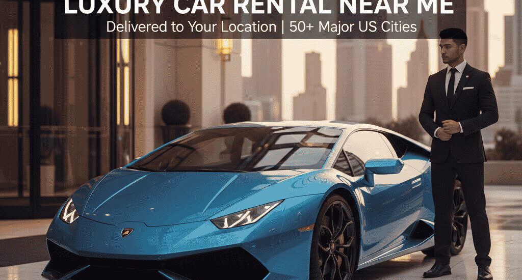 Metallic blue Lamborghini and valet at a luxury hotel entrance during sunset, with "ROYALE RIDES Luxury Car Rental" text overlays.