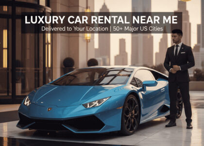Metallic blue Lamborghini and valet at a luxury hotel entrance during sunset, with "ROYALE RIDES Luxury Car Rental" text overlays.