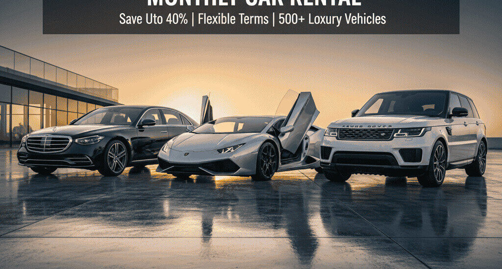 A premium automotive banner featuring a glossy black Mercedes-Benz S-Class, a metallic silver Lamborghini Huracán with open scissor doors, and a pearl white Range Rover Autobiography, arranged diagonally on a modern concrete plaza during golden hour.