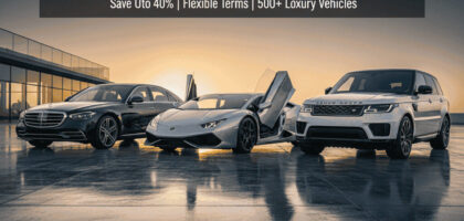 A premium automotive banner featuring a glossy black Mercedes-Benz S-Class, a metallic silver Lamborghini Huracán with open scissor doors, and a pearl white Range Rover Autobiography, arranged diagonally on a modern concrete plaza during golden hour.