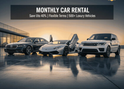 A premium automotive banner featuring a glossy black Mercedes-Benz S-Class, a metallic silver Lamborghini Huracán with open scissor doors, and a pearl white Range Rover Autobiography, arranged diagonally on a modern concrete plaza during golden hour.
