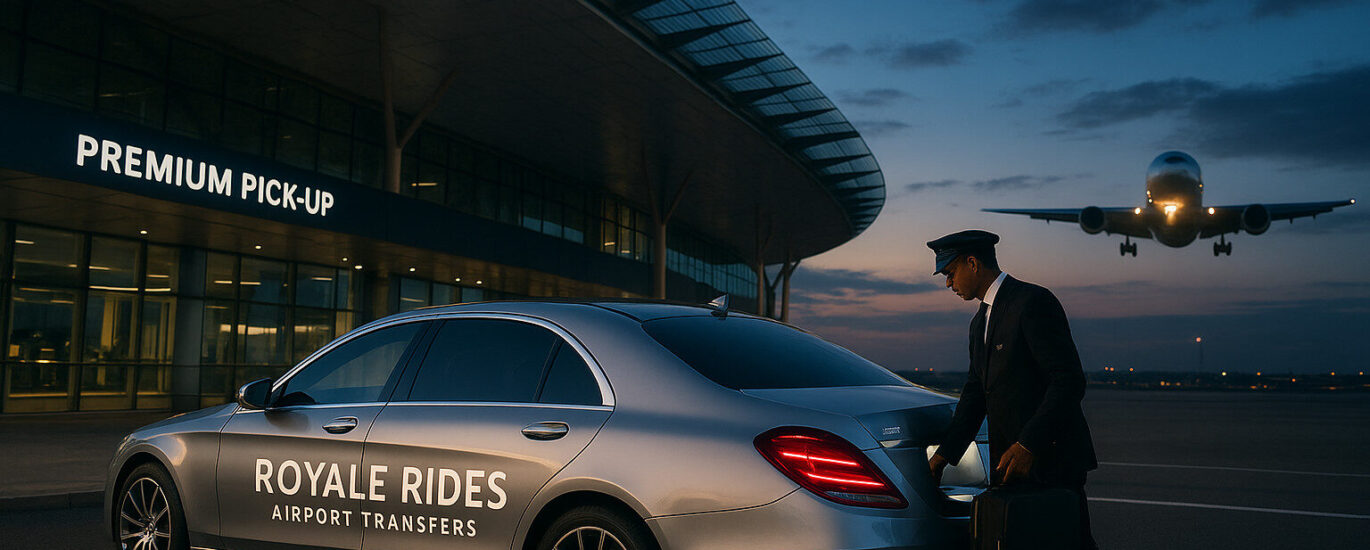 Royale Rides luxury airport transfer service with Mercedes-Benz at terminal