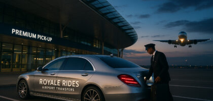 Royale Rides luxury airport transfer service with Mercedes-Benz at terminal