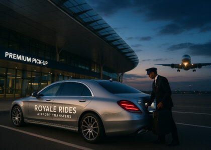 Royale Rides luxury airport transfer service with Mercedes-Benz at terminal