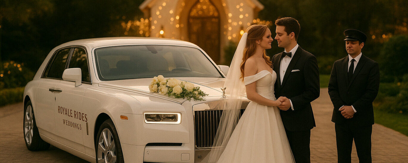 Royale Rides luxury wedding car service - White Rolls-Royce Phantom with bride and groom