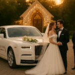 Royale Rides luxury wedding car service - White Rolls-Royce Phantom with bride and groom