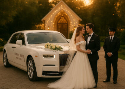 Royale Rides luxury wedding car service - White Rolls-Royce Phantom with bride and groom