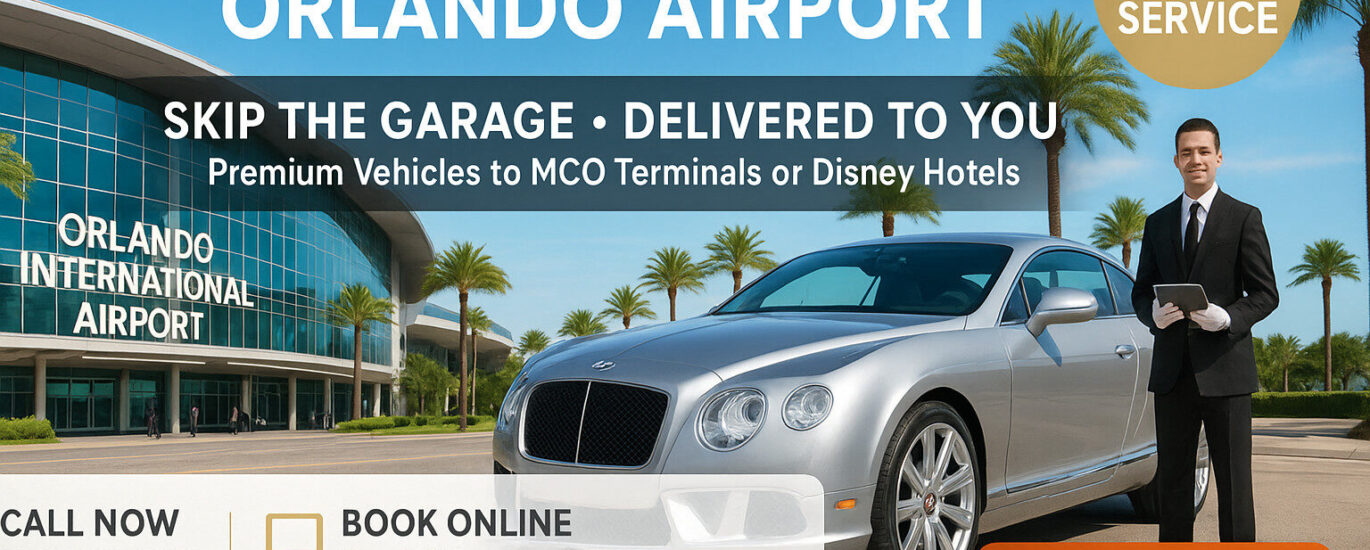 Luxury silver Bentley Continental GT with Royale Rides concierge at Orlando International Airport (MCO) offering premium car rental delivery service.