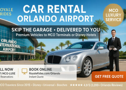 Luxury silver Bentley Continental GT with Royale Rides concierge at Orlando International Airport (MCO) offering premium car rental delivery service.