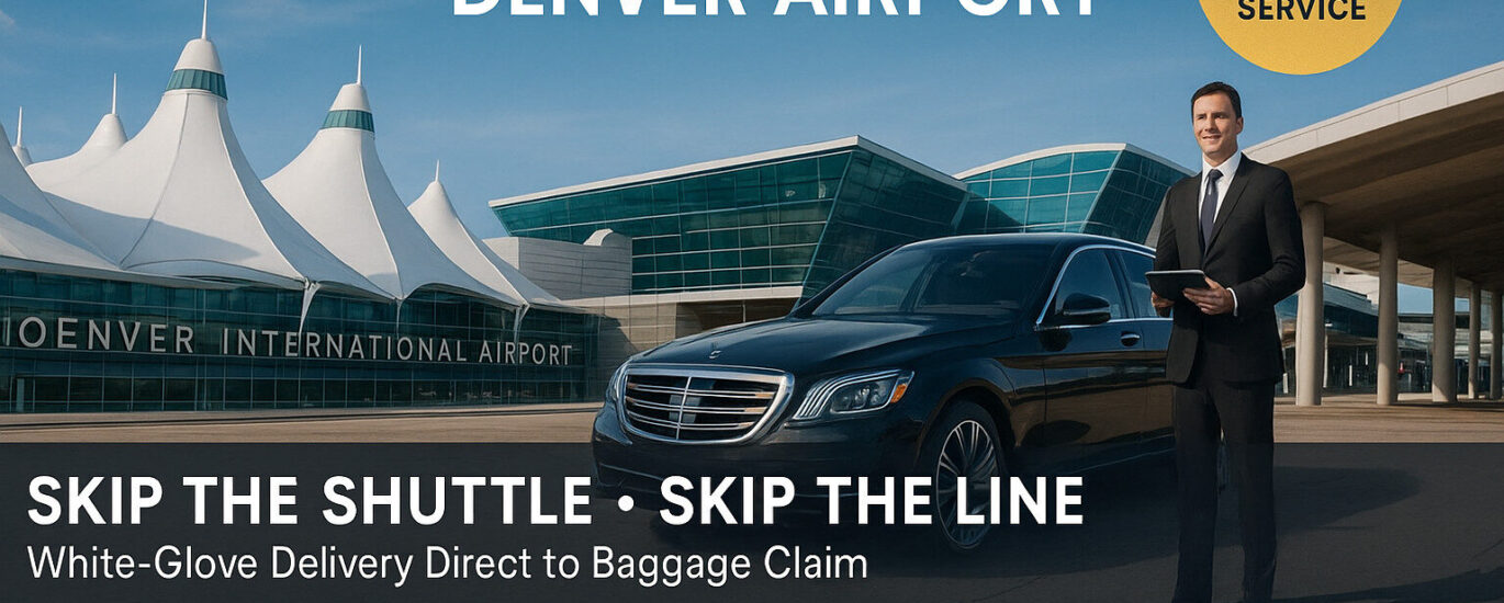 Split-screen banner showing Denver International Airport terminal on the left and a black Mercedes-Benz S-Class with a Royale Rides concierge at curbside pickup on the right, promoting luxury car rental delivery and skip-the-shuttle service at DEN.