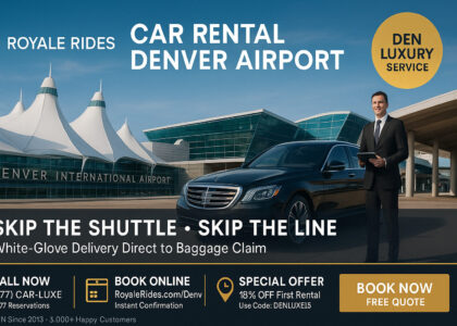 Split-screen banner showing Denver International Airport terminal on the left and a black Mercedes-Benz S-Class with a Royale Rides concierge at curbside pickup on the right, promoting luxury car rental delivery and skip-the-shuttle service at DEN.